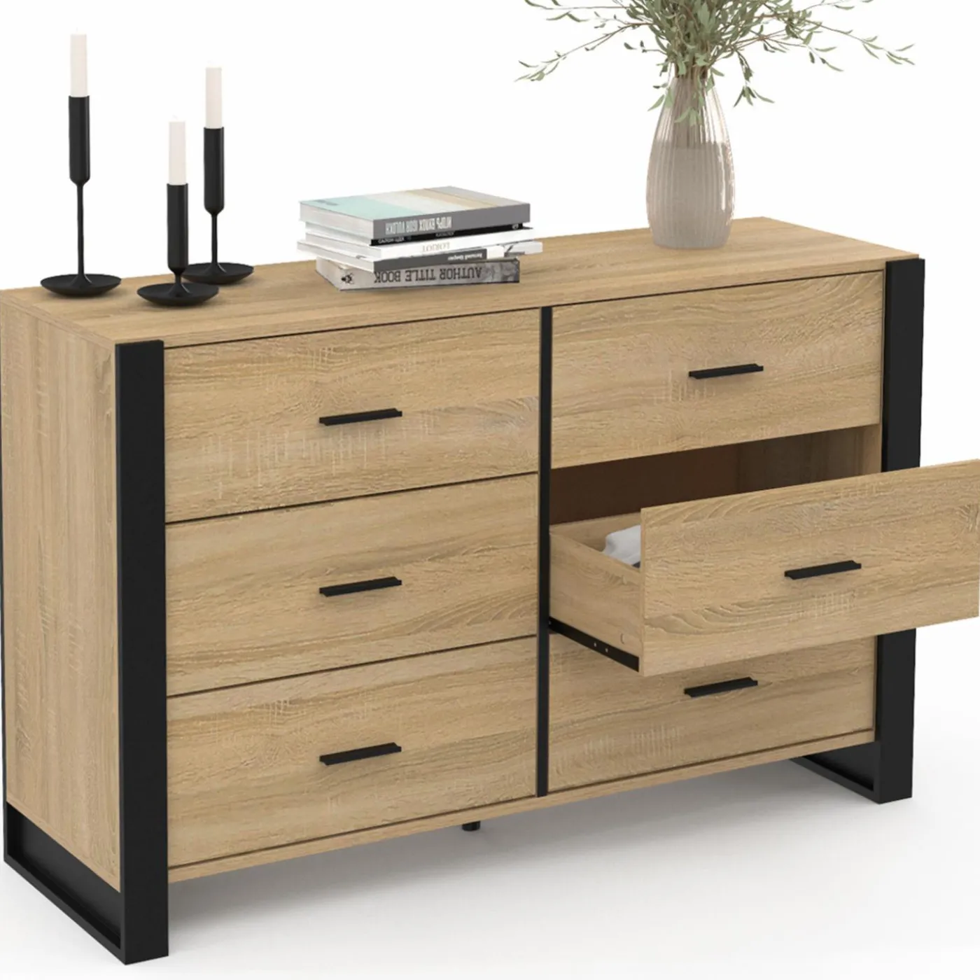 Commode 6 tiroirs bois et noir