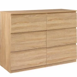 Commode 6 tiroirs bois façon hêtre 110x80 cm