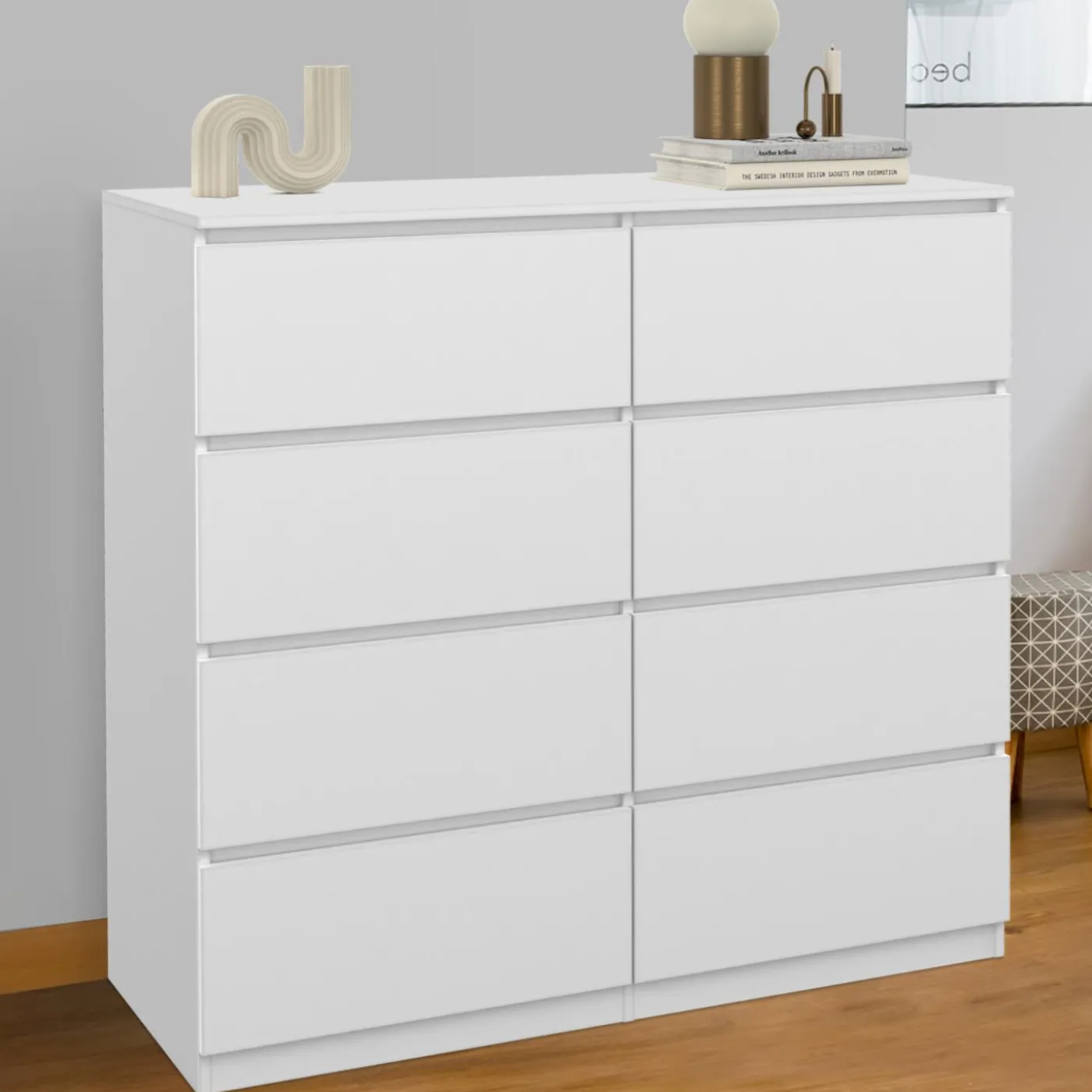 Commode 8 tiroirs en bois blanc 110 cm