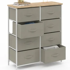 Commode 8 tiroirs en tissu gris clair et plateau effet bois