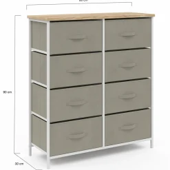 Commode 8 tiroirs en tissu gris clair et plateau effet bois