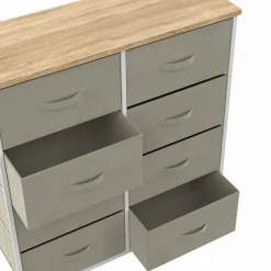 Commode 8 tiroirs en tissu gris clair et plateau effet bois
