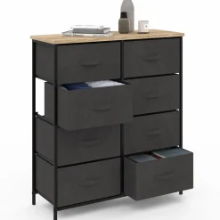 Commode 8 tiroirs en tissu gris anthracite et plateau effet bois