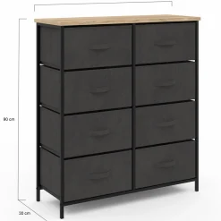 Commode 8 tiroirs en tissu gris anthracite et plateau effet bois
