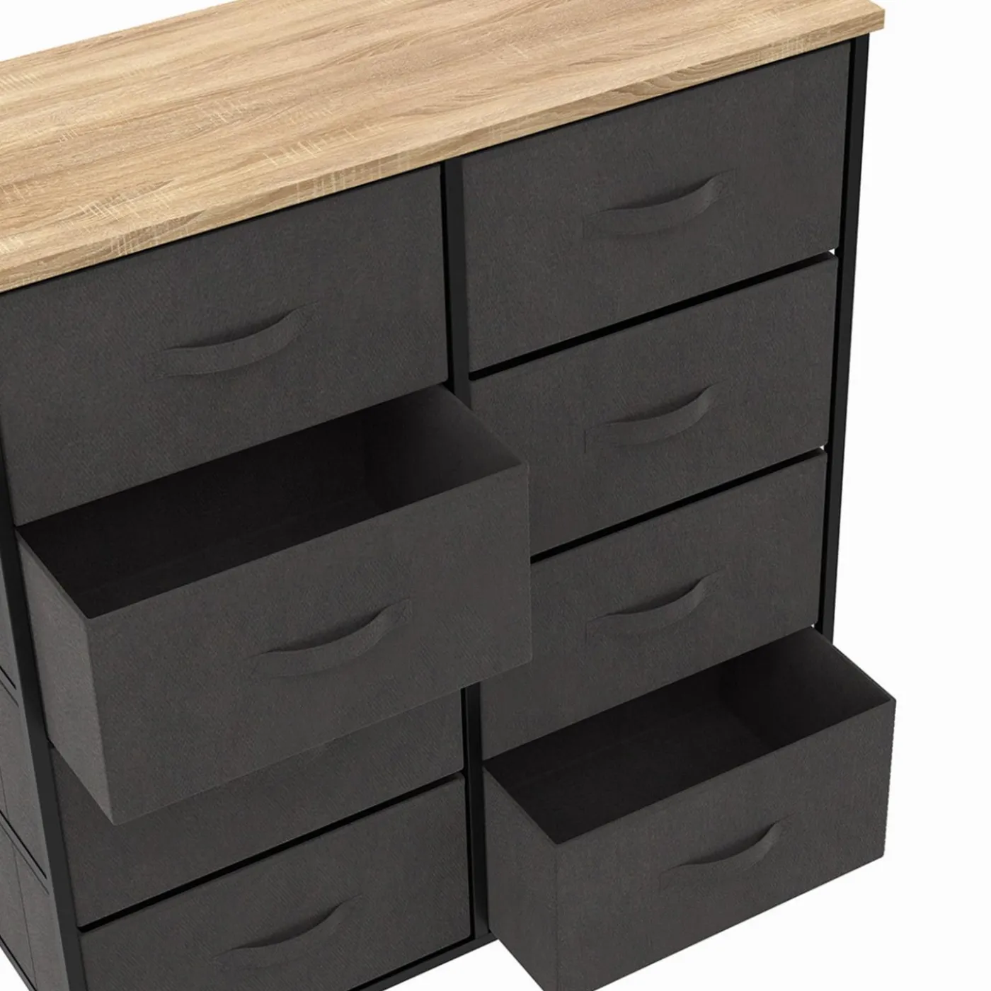 Commode 8 tiroirs en tissu gris anthracite et plateau effet bois