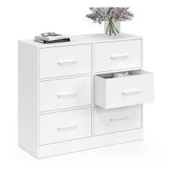 Commode 6 tiroirs en tissu 80 cm meuble de rangement bois blanc