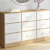 Commode 9 tiroirs en tissu 113 cm meuble de rangement bois façon hêtre et blanc