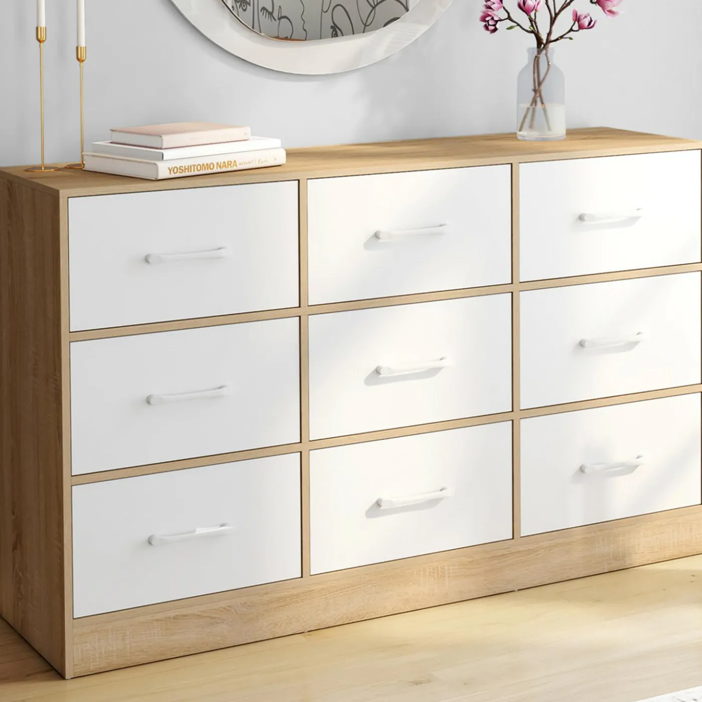 Commode 9 tiroirs en tissu 113 cm meuble de rangement bois façon hêtre et blanc