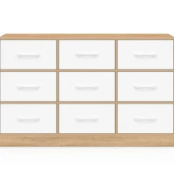 Commode 9 tiroirs en tissu 113 cm meuble de rangement bois façon hêtre et blanc