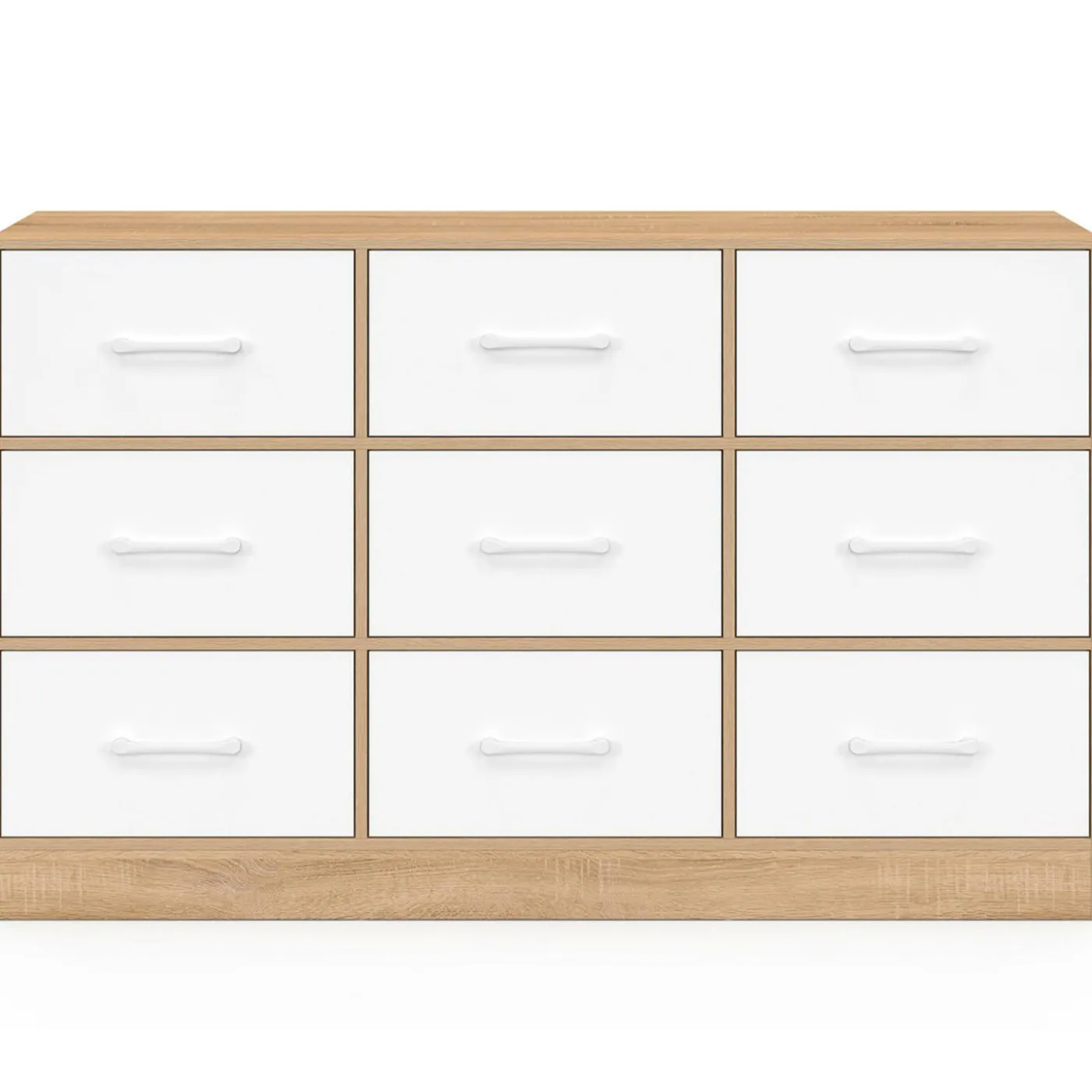 Commode 9 tiroirs en tissu 113 cm meuble de rangement bois façon hêtre et blanc