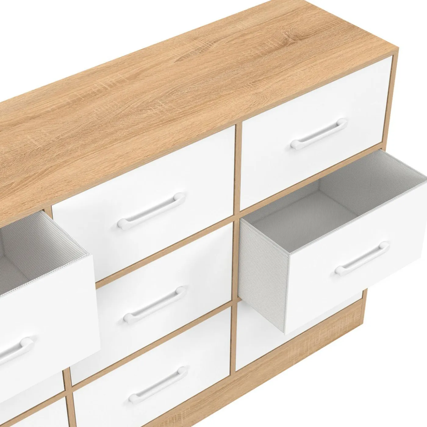 Commode 9 tiroirs en tissu 113 cm meuble de rangement bois façon hêtre et blanc