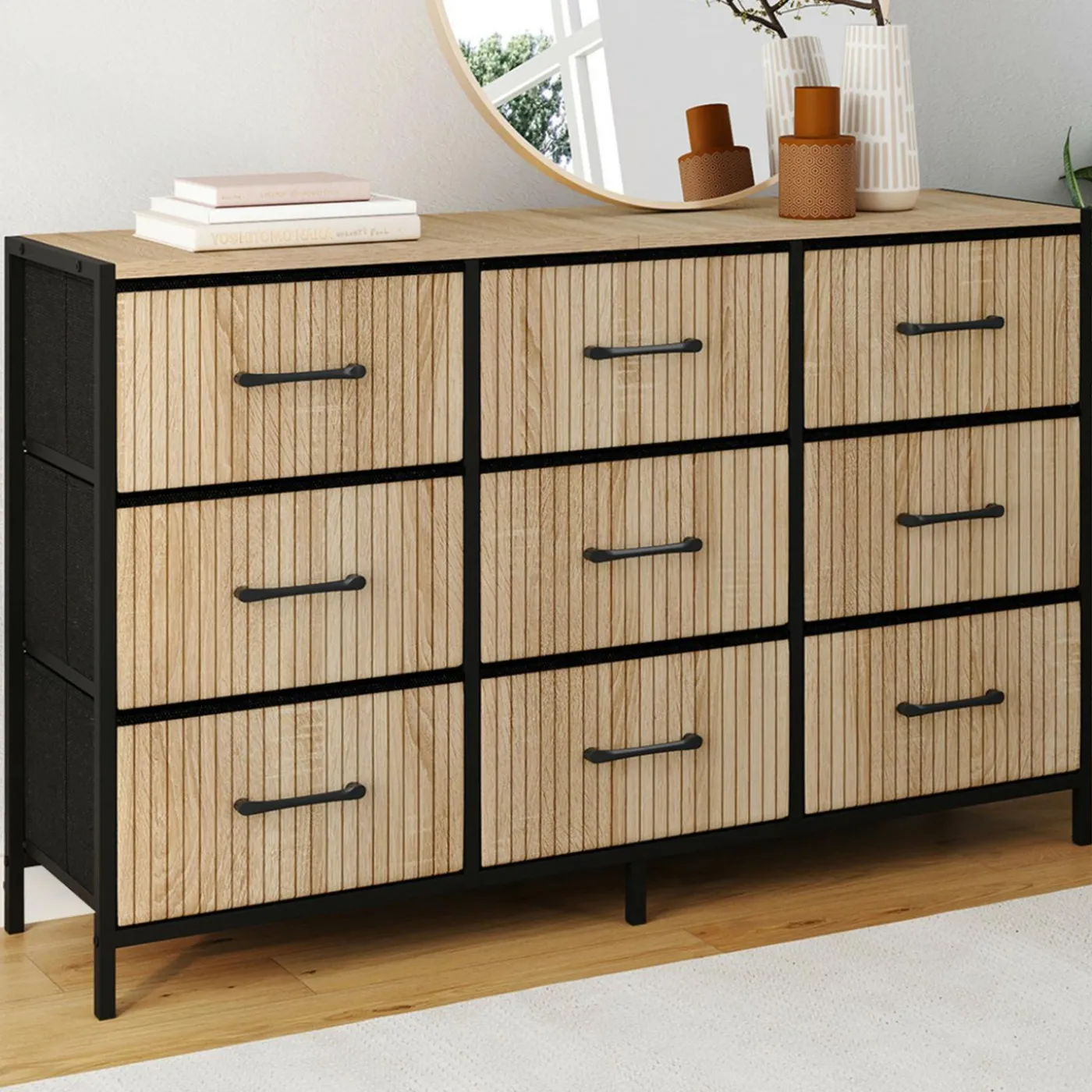 Commode 9 tiroirs en tissu 115 CM effet lattes, design industriel