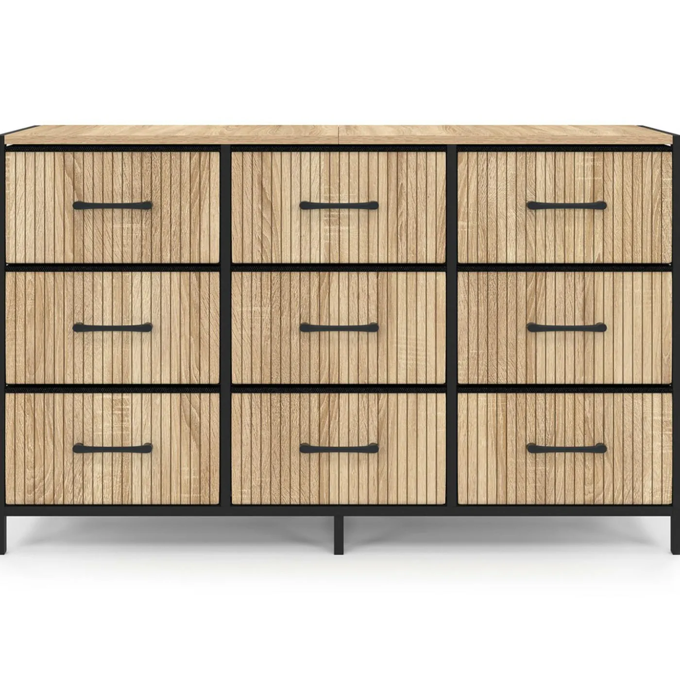 Commode 9 tiroirs en tissu 115 CM effet lattes, design industriel