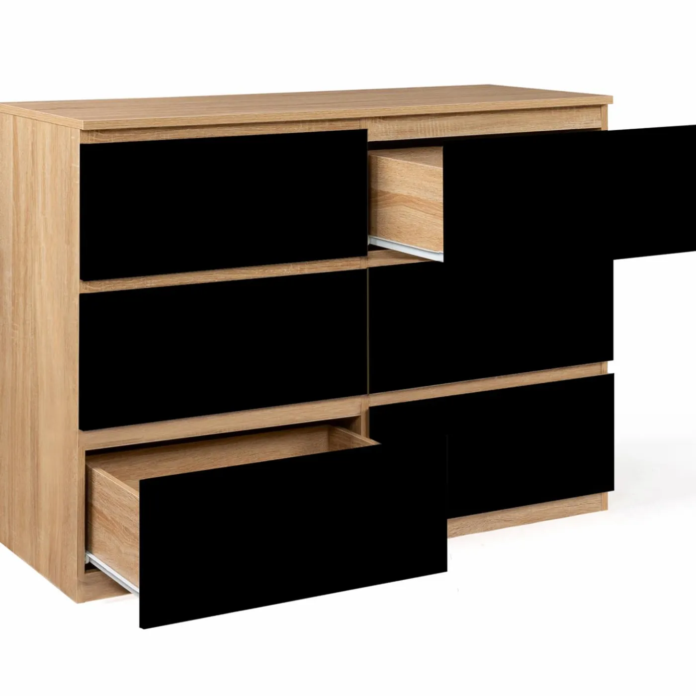 Commode 6 tiroirs noire et bois façon hêtre 110x80cm