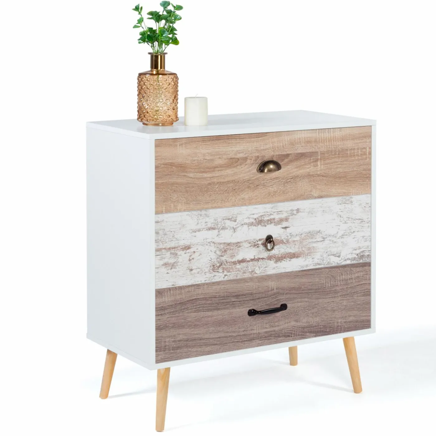 Commode blanche 3 tiroirs effet bois vieilli