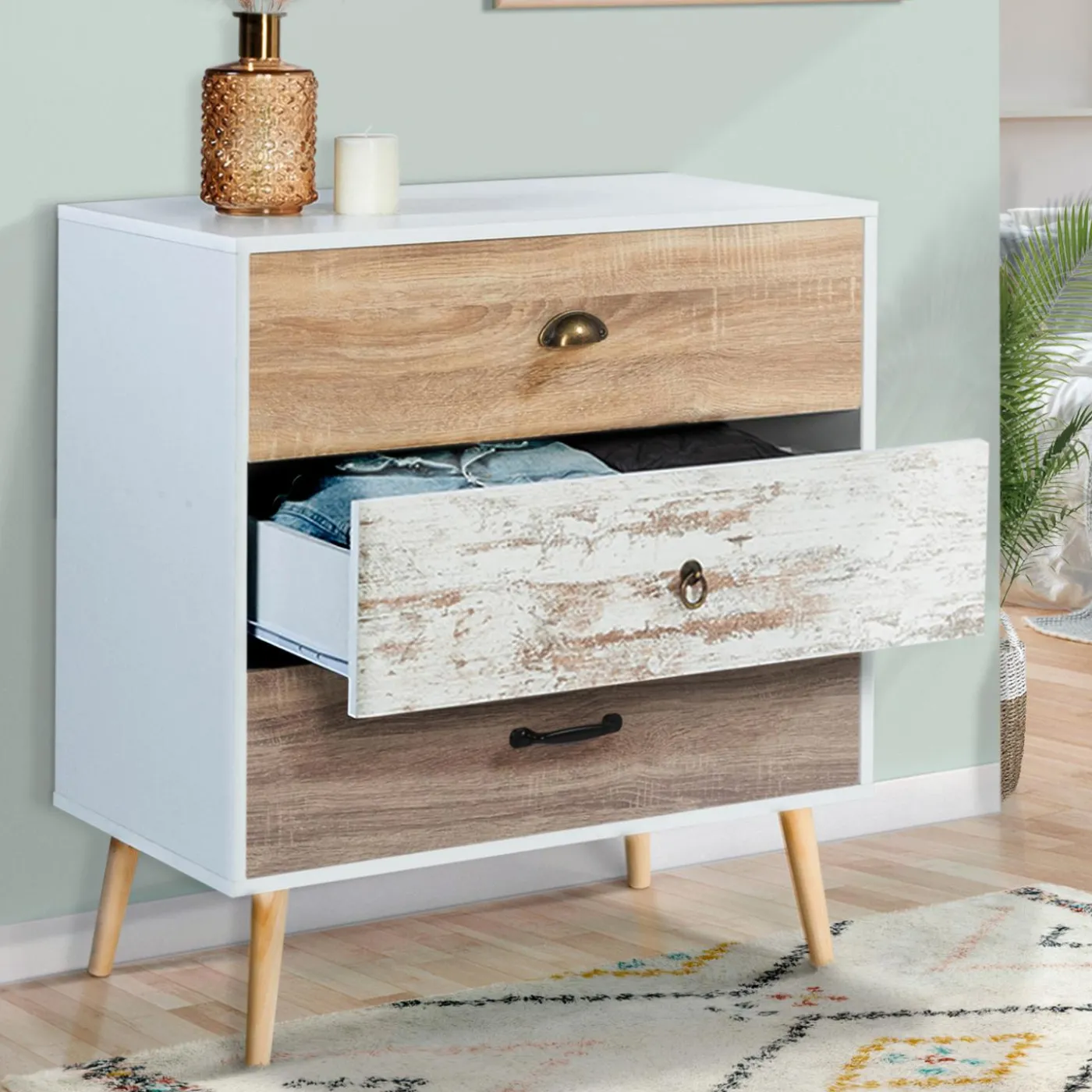 Commode blanche 3 tiroirs effet bois vieilli