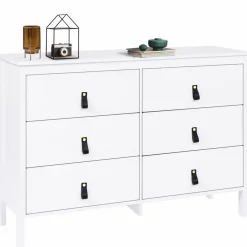 Commode blanche 6 tiroirs avec poignées effet cuir noir