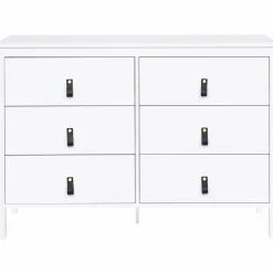 Commode blanche 6 tiroirs avec poignées effet cuir noir