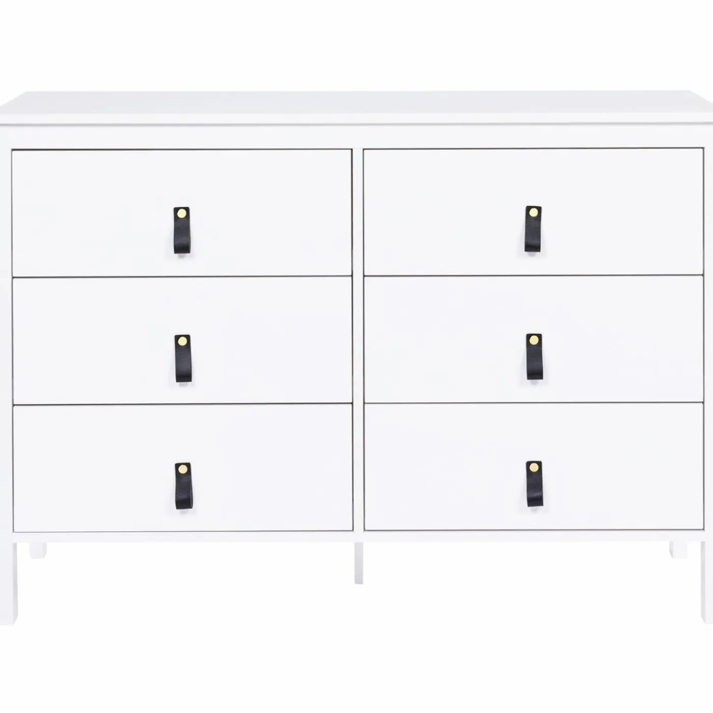 Commode blanche 6 tiroirs avec poignées effet cuir noir