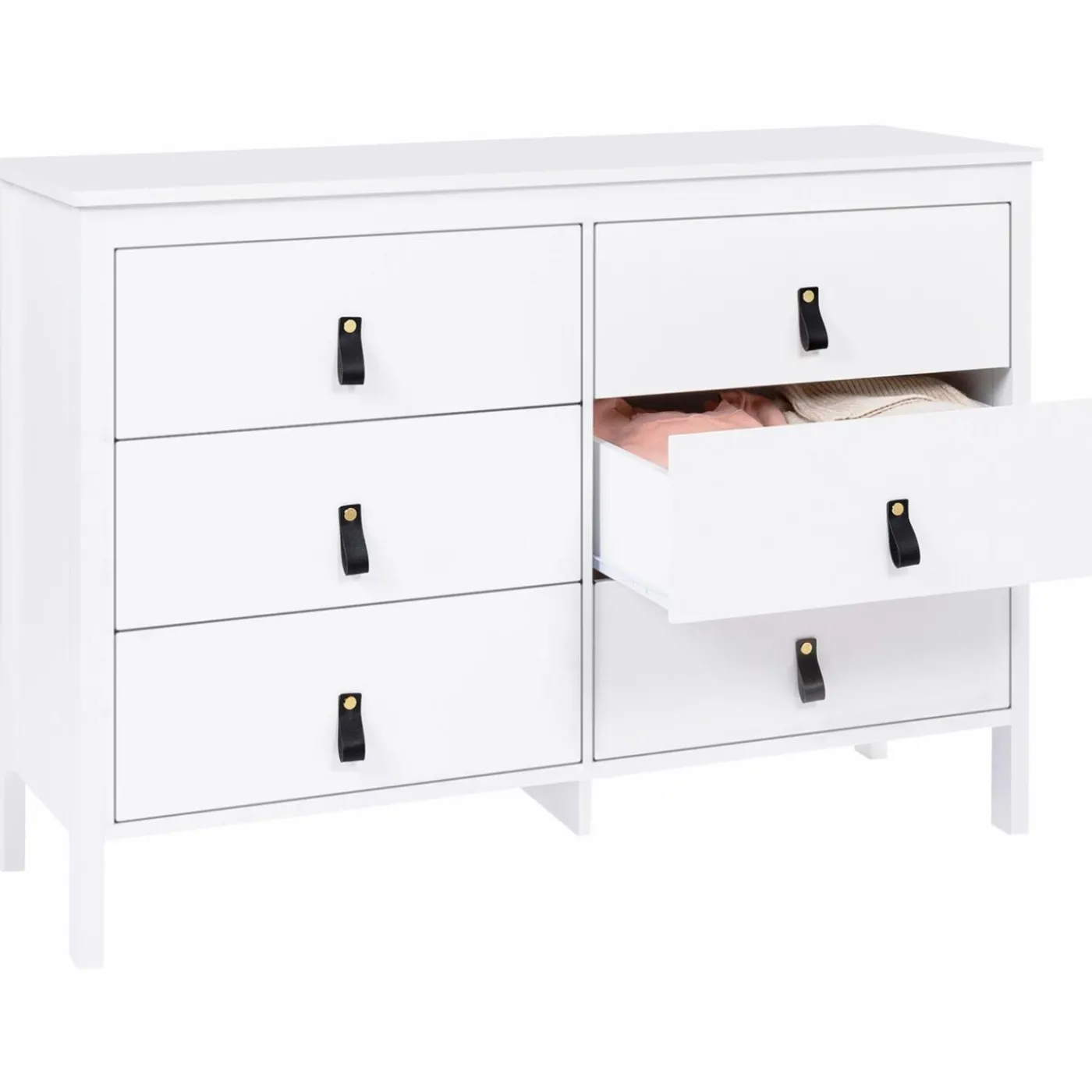 Commode blanche 6 tiroirs avec poignées effet cuir noir