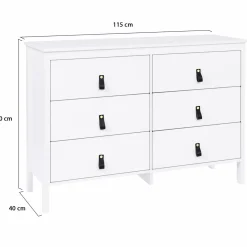 Commode blanche 6 tiroirs avec poignées effet cuir noir