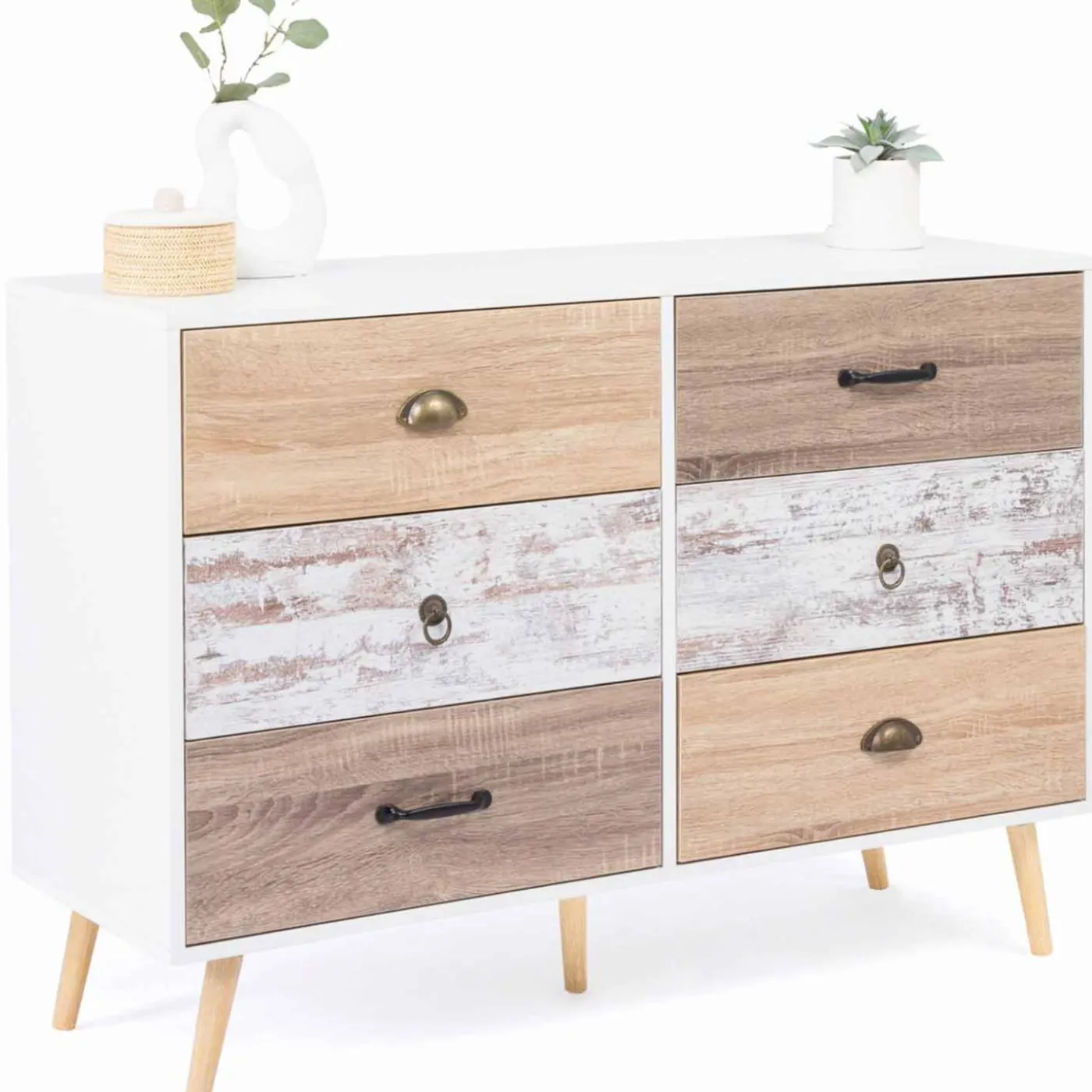 Commode blanche 6 tiroirs effet bois vieilli