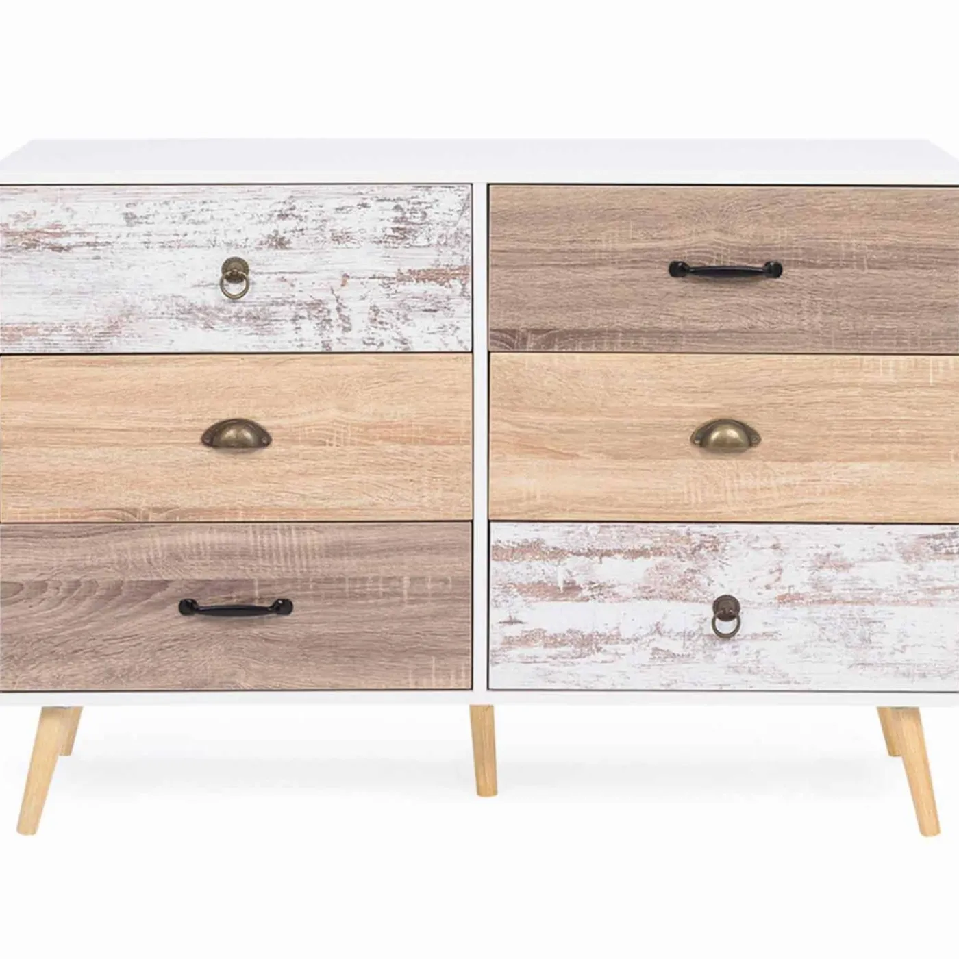 Commode blanche 6 tiroirs effet bois vieilli
