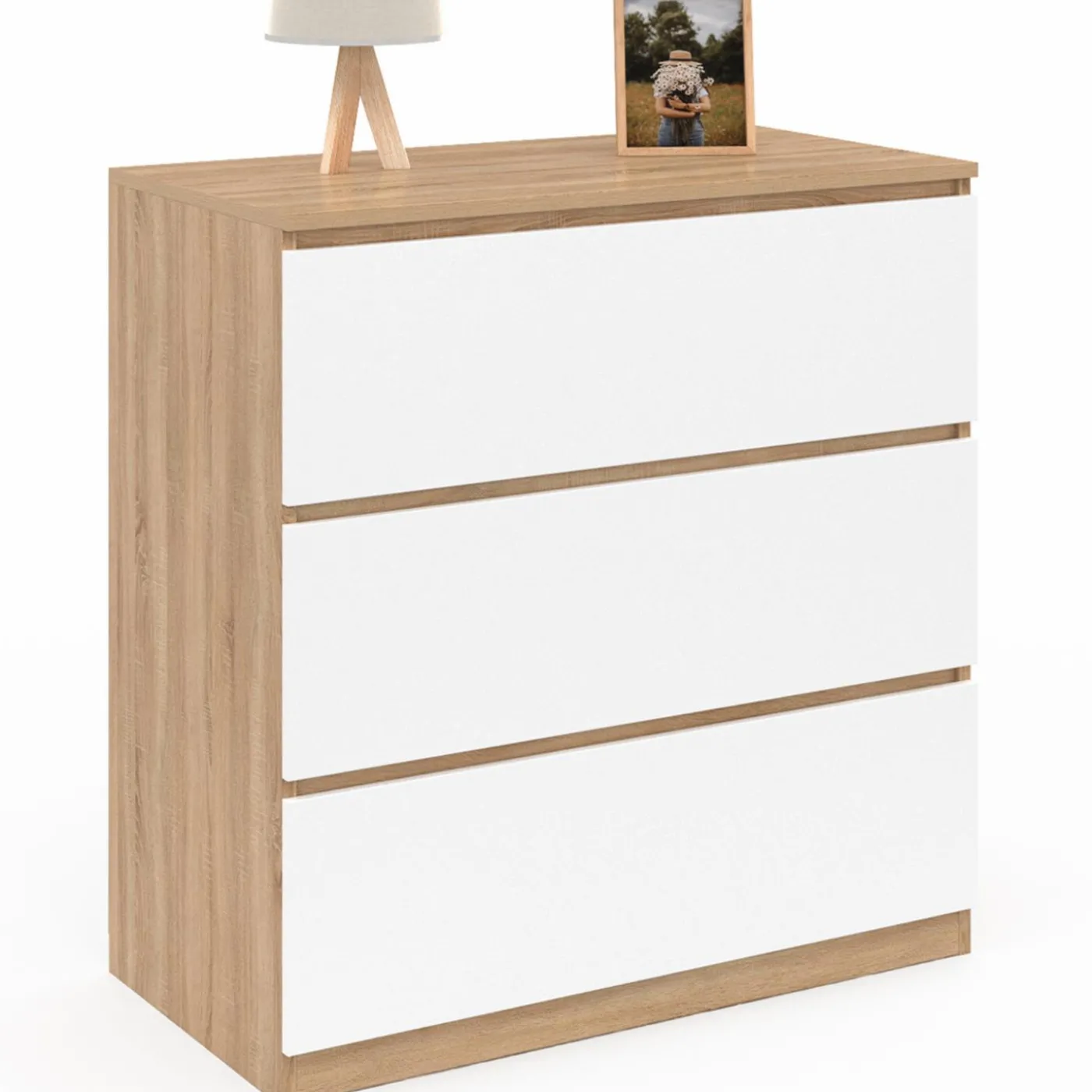 Commode bois façon hêtre et blanc 3 tiroirs 78 cm