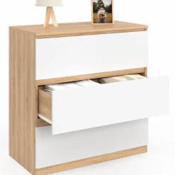 Commode bois façon hêtre et blanc 3 tiroirs 78 cm