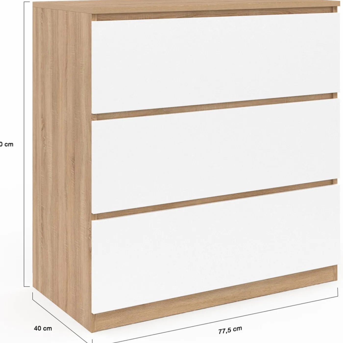 Commode bois façon hêtre et blanc 3 tiroirs 78 cm