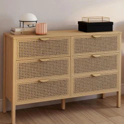 Commode cannage coloris bois avec 6 tiroirs