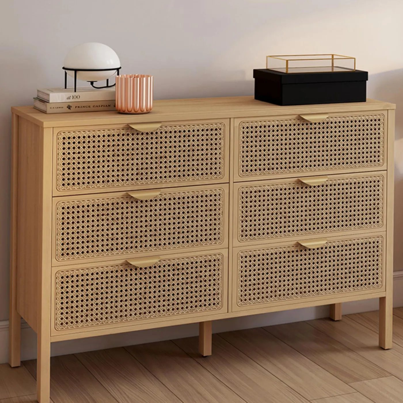 Commode cannage coloris bois avec 6 tiroirs