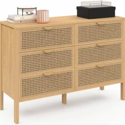 Commode cannage coloris bois avec 6 tiroirs