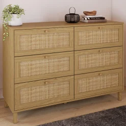 Commode cannage effet naturel avec 6 tiroirs