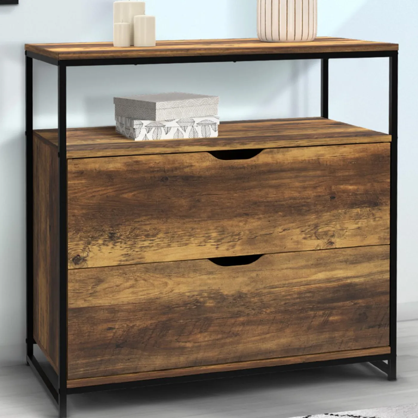 Commode design industriel 2 tiroirs avec étagère