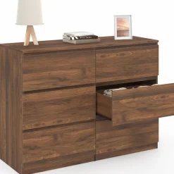 Commode en bois effet noyer avec 6 tiroirs 110 cm