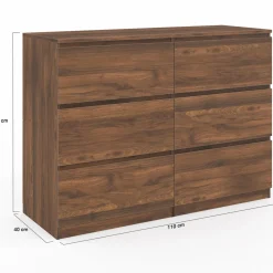 Commode en bois effet noyer avec 6 tiroirs 110 cm