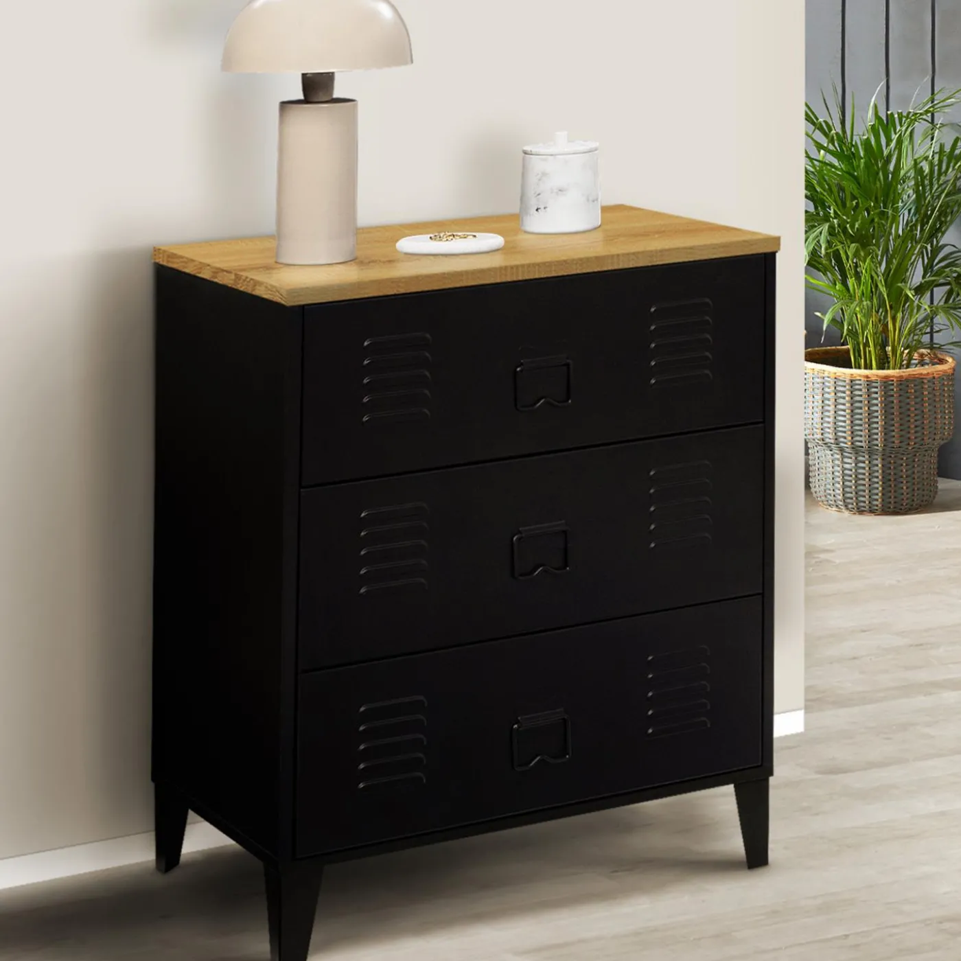 Commode industrielle 3 tiroirs métal noir et hêtre