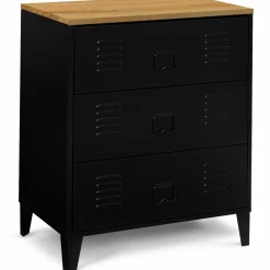 Commode industrielle 3 tiroirs métal noir et hêtre