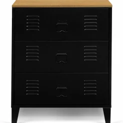 Commode industrielle 3 tiroirs métal noir et hêtre