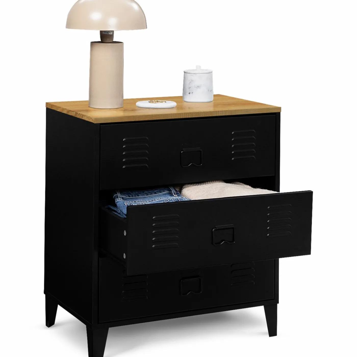 Commode industrielle 3 tiroirs métal noir et hêtre