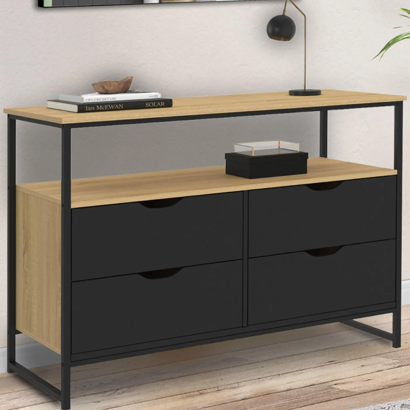 Commode industrielle noir et bois 4 tiroirs avec étagère
