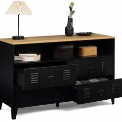 Commode industrielle portes en métal noir avec 4 tiroirs