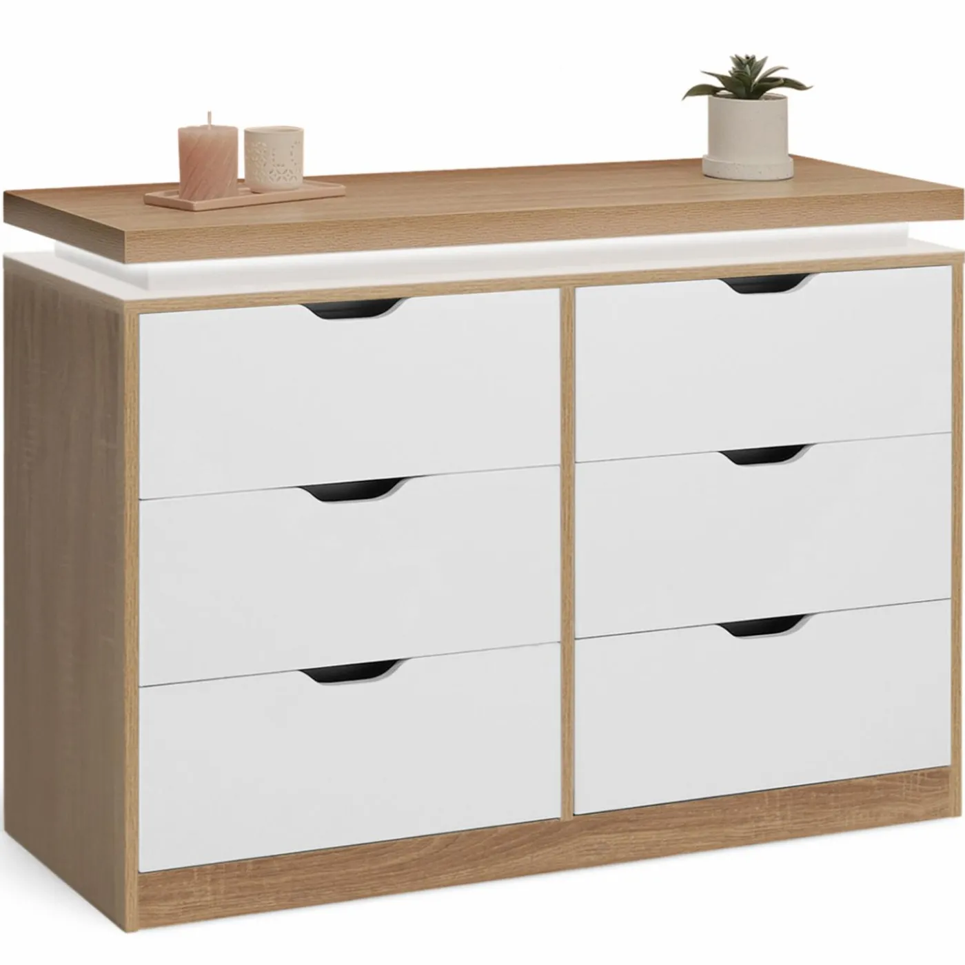 Commode LED blanche et plateau bois 6 tiroirs