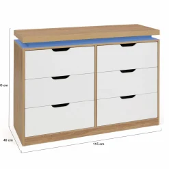 Commode LED blanche et plateau bois 6 tiroirs