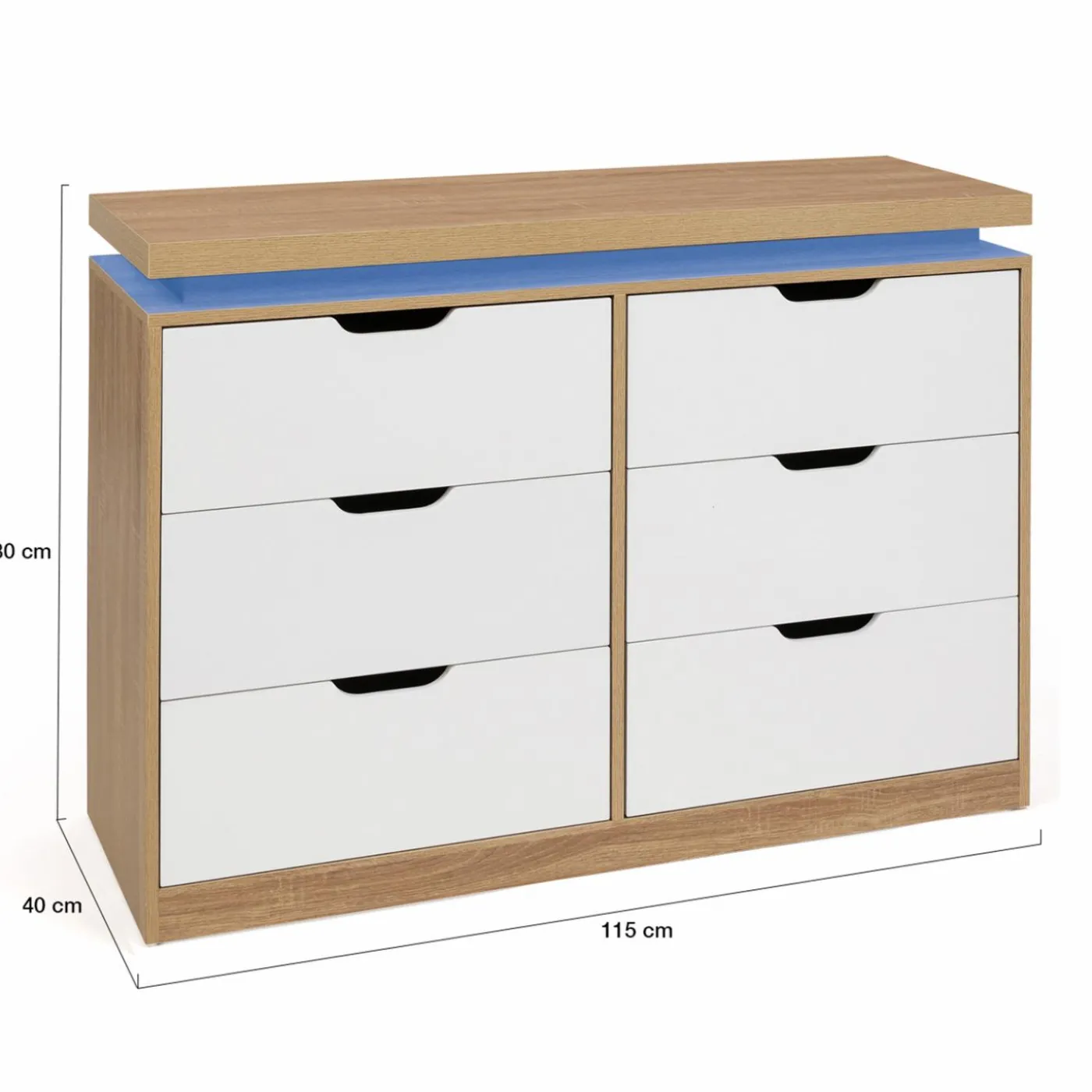 Commode LED blanche et plateau bois 6 tiroirs
