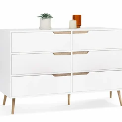 Commode scandinave 6 tiroirs blanche avec pieds en bois