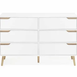 Commode scandinave 6 tiroirs blanche avec pieds en bois