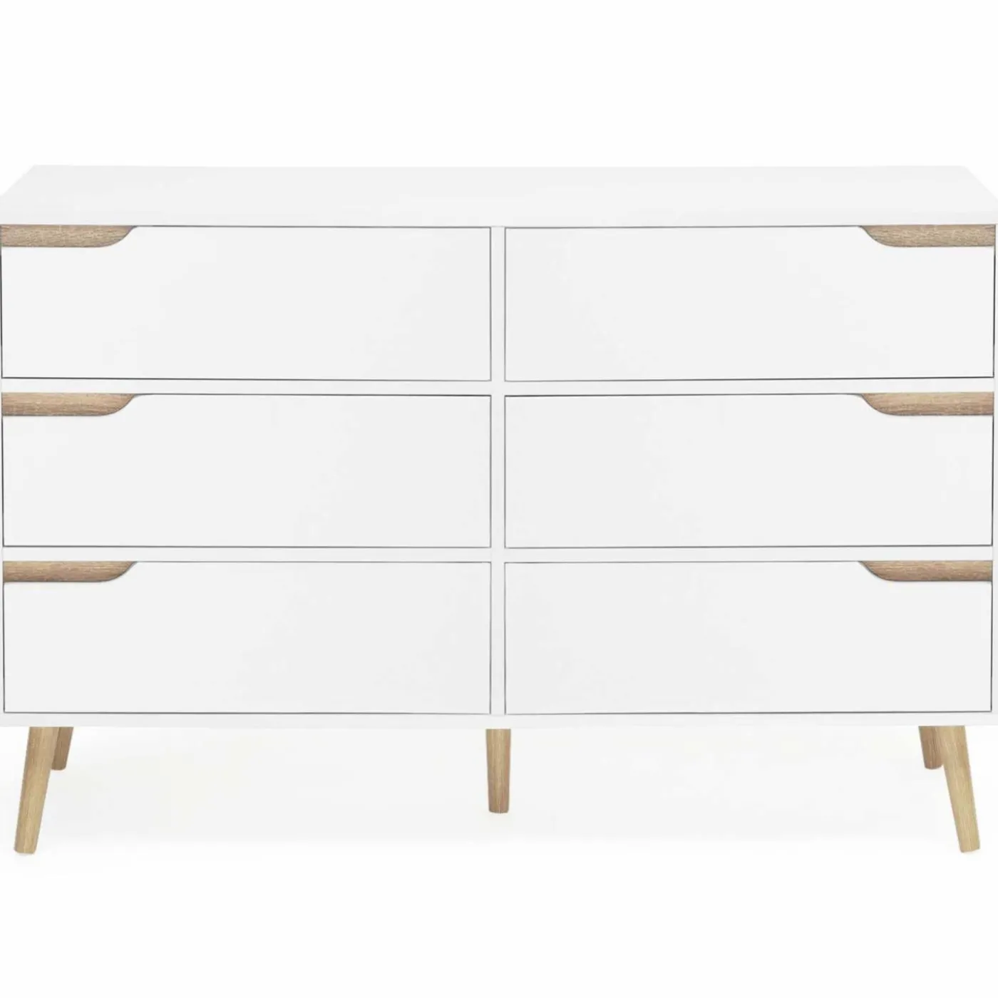 Commode scandinave 6 tiroirs blanche avec pieds en bois