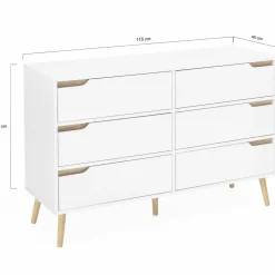Commode scandinave 6 tiroirs blanche avec pieds en bois